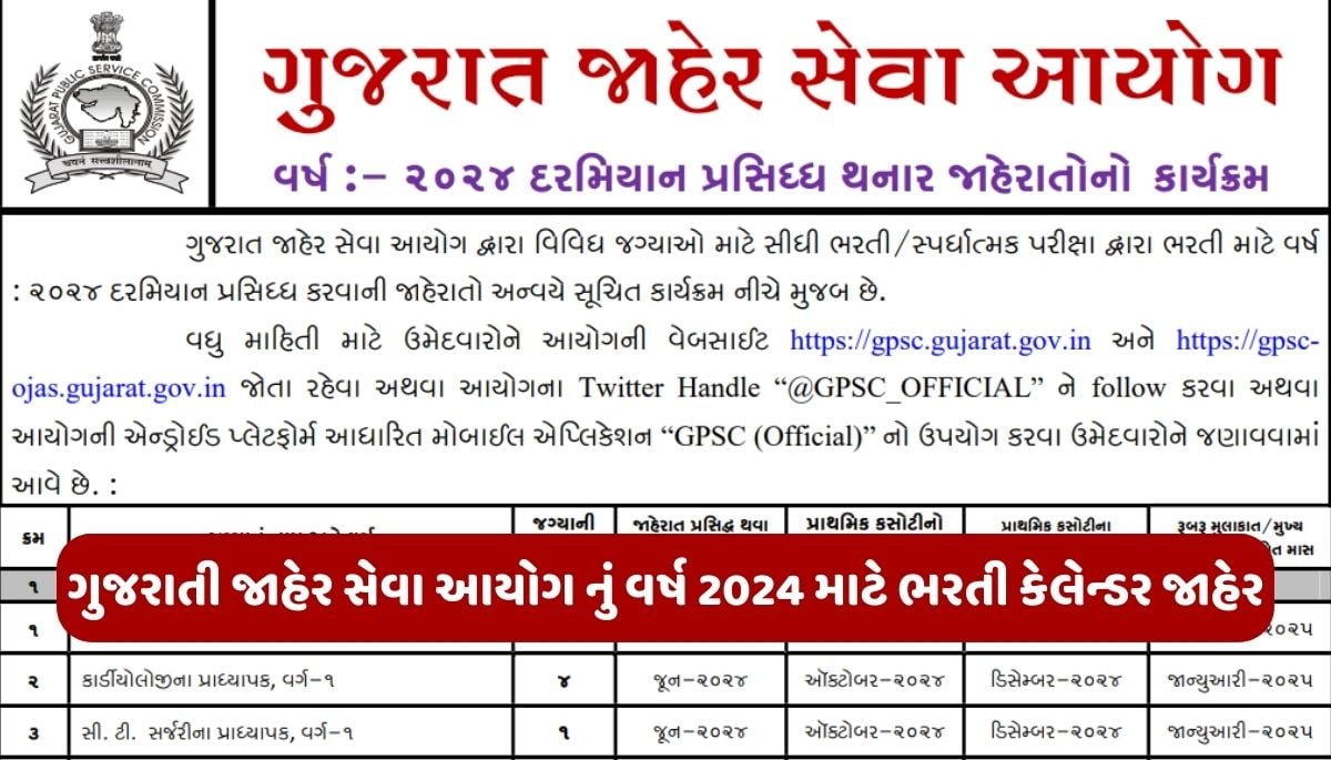 GPSC Calendar 2024 ગુજરાતી જાહેર સેવા આયોગ નું વર્ષ 2024 માટે ભરતી